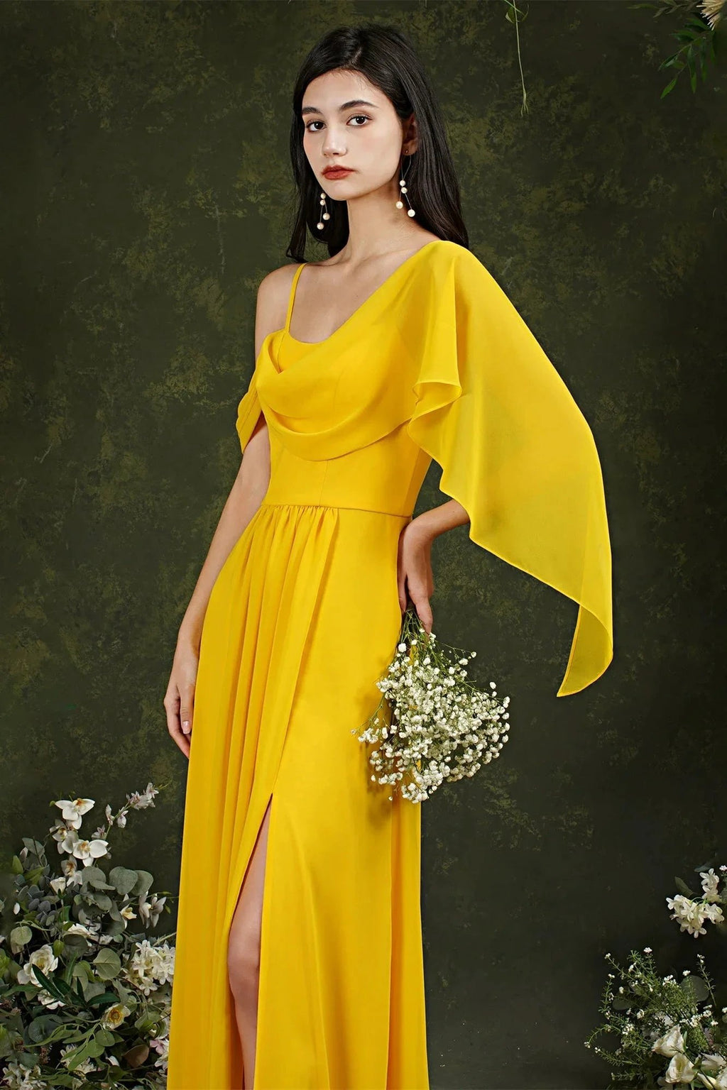 Elegant A-line Chiffon Ruffles Floor-length Split Bridesmaid Dress With Pockets by misshow.com