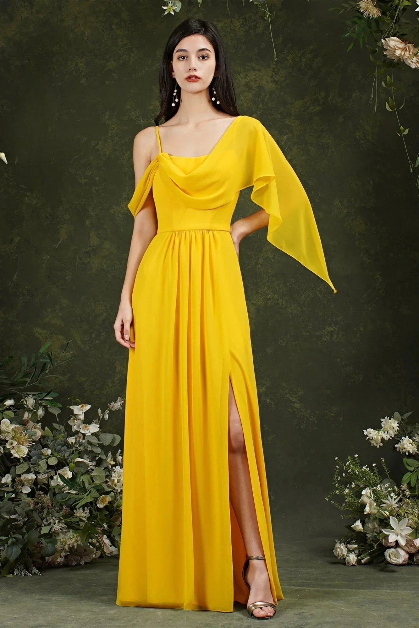 Elegant A-line Chiffon Ruffles Floor-length Split Bridesmaid Dress With Pockets by misshow.com