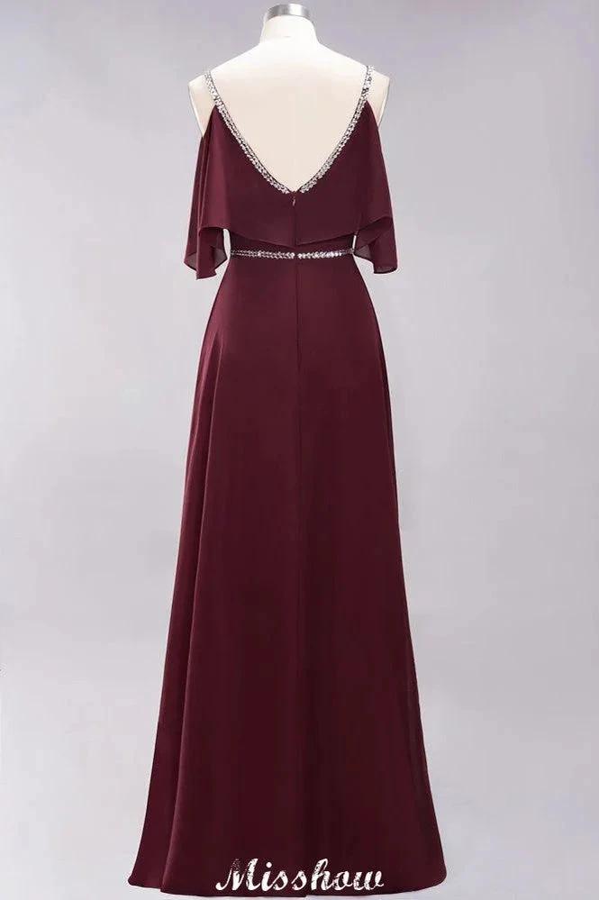 elegant A-line Chiffon V-Neck Spaghetti Straps Sleeveless Floor-Length Bridesmaid Dresses with Beading by misshow.com