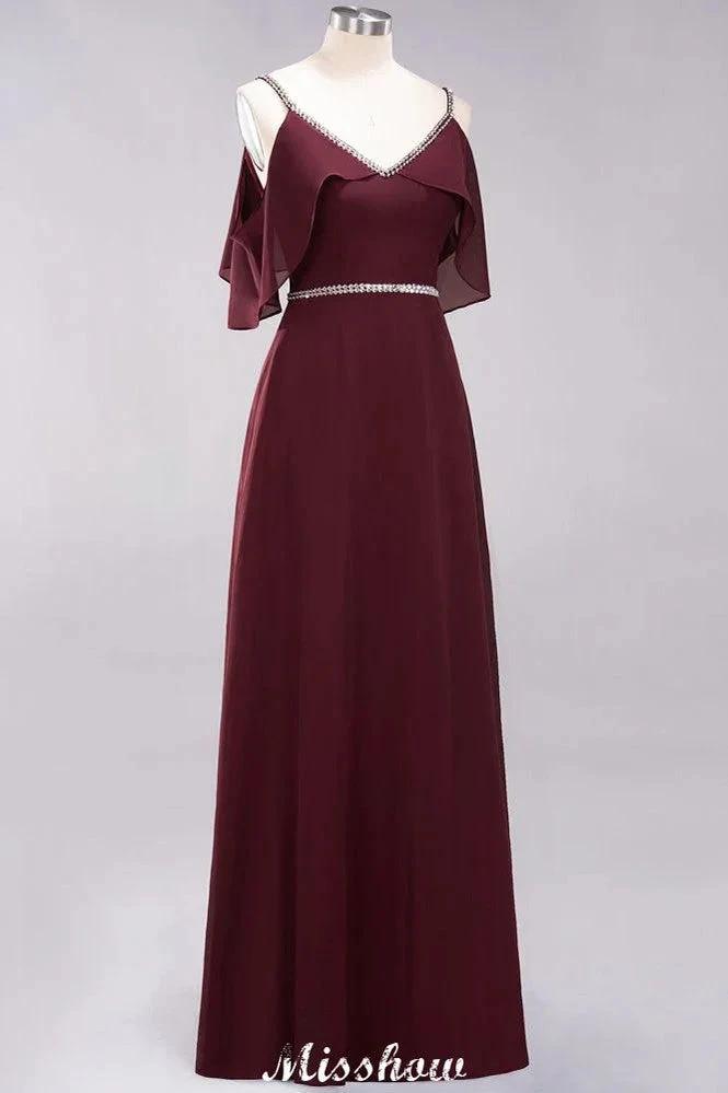 elegant A-line Chiffon V-Neck Spaghetti Straps Sleeveless Floor-Length Bridesmaid Dresses with Beading by misshow.com