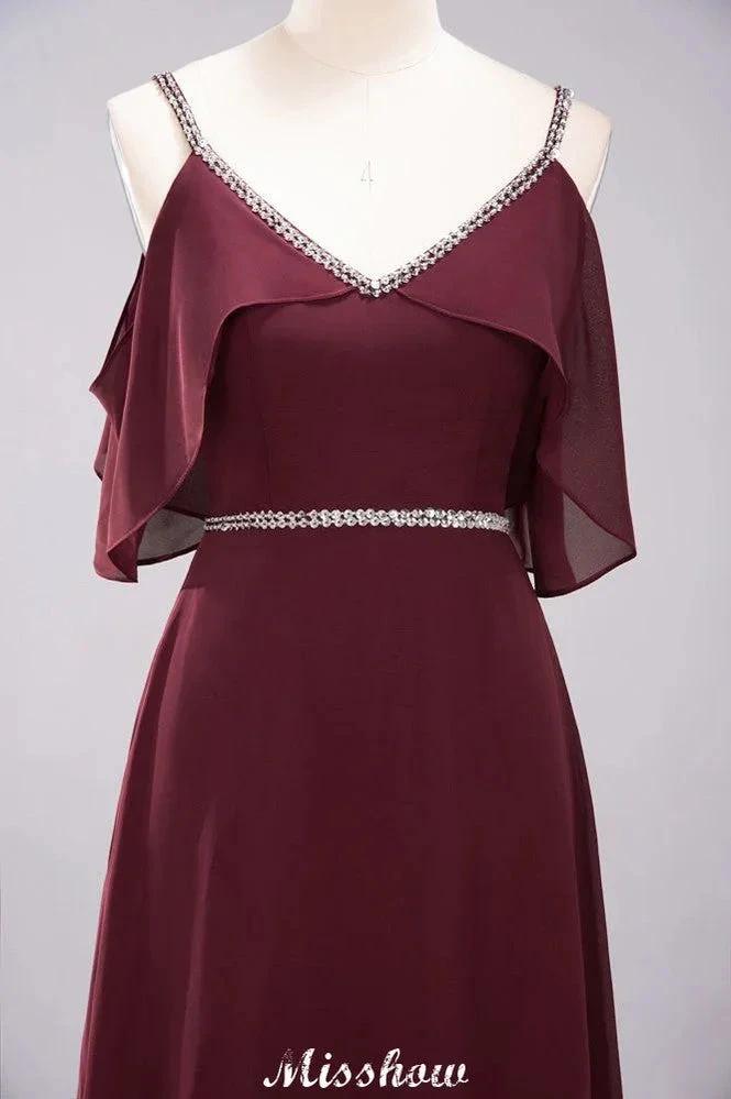 elegant A-line Chiffon V-Neck Spaghetti Straps Sleeveless Floor-Length Bridesmaid Dresses with Beading by misshow.com