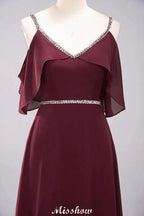 elegant A-line Chiffon V-Neck Spaghetti Straps Sleeveless Floor-Length Bridesmaid Dresses with Beading by misshow.com