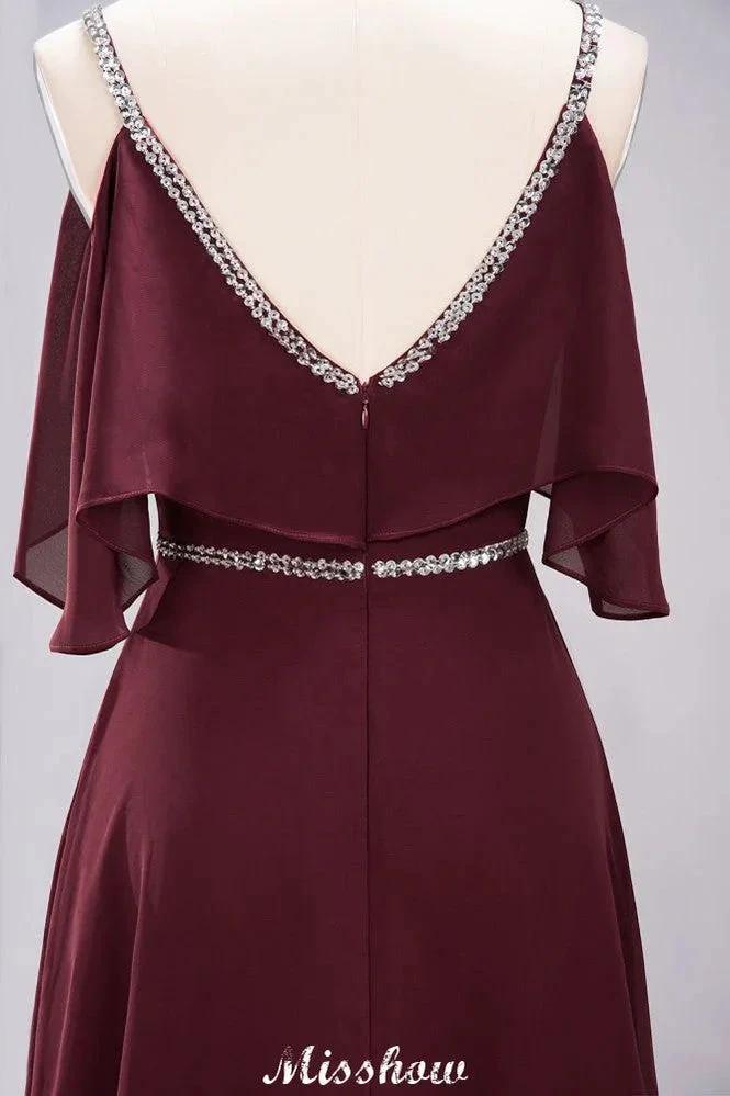 elegant A-line Chiffon V-Neck Spaghetti Straps Sleeveless Floor-Length Bridesmaid Dresses with Beading by misshow.com