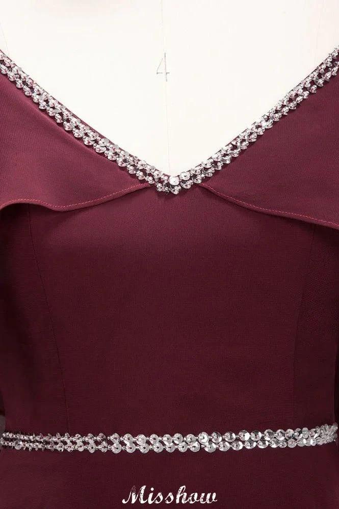 elegant A-line Chiffon V-Neck Spaghetti Straps Sleeveless Floor-Length Bridesmaid Dresses with Beading by misshow.com