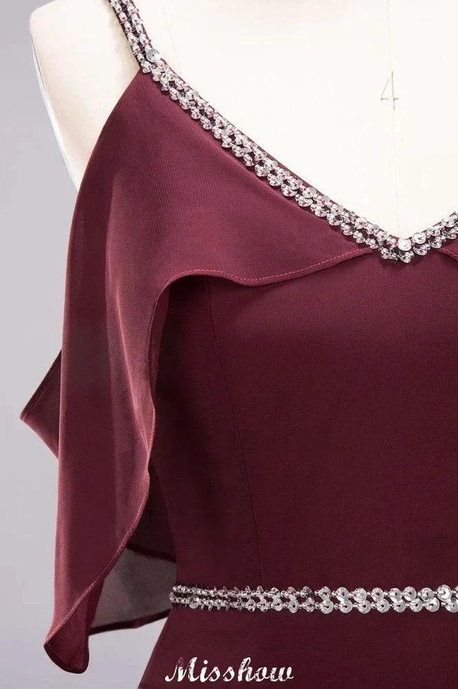 elegant A-line Chiffon V-Neck Spaghetti Straps Sleeveless Floor-Length Bridesmaid Dresses with Beading by misshow.com