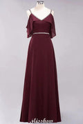 elegant A-line Chiffon V-Neck Spaghetti Straps Sleeveless Floor-Length Bridesmaid Dresses with Beading by misshow.com