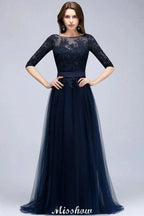 Elegant A-Line Half-Sleeves Lace Appliques Dark Navy Bridesmaid Dresses by misshow.com