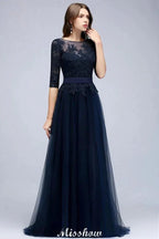 Elegant A-Line Half-Sleeves Lace Appliques Dark Navy Bridesmaid Dresses by misshow.com