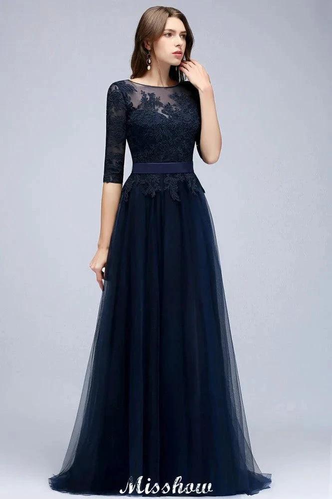 Elegant A-Line Half-Sleeves Lace Appliques Dark Navy Bridesmaid Dresses by misshow.com
