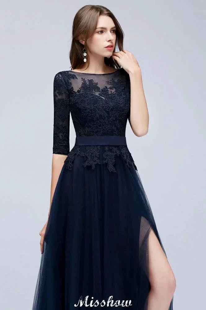 Elegant A-Line Half-Sleeves Lace Appliques Dark Navy Bridesmaid Dresses by misshow.com