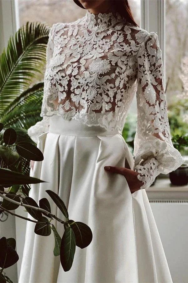 Elegant A-line High Neck Satin Lace Long Sleeves Wedding Dress with Pockets by BIZTUNNEL