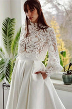 Elegant A-line High Neck Satin Lace Long Sleeves Wedding Dress with Pockets by BIZTUNNEL