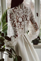 Elegant A-line High Neck Satin Lace Long Sleeves Wedding Dress with Pockets by BIZTUNNEL