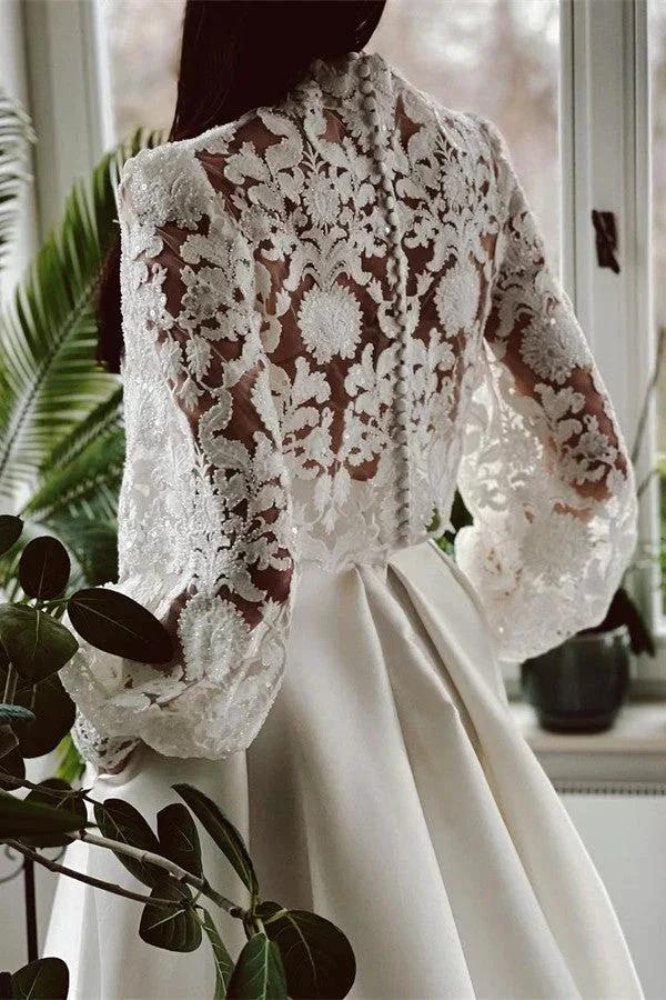 Elegant A-line High Neck Satin Lace Long Sleeves Wedding Dress with Pockets by BIZTUNNEL