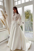 Elegant A-line High Neck Satin Lace Long Sleeves Wedding Dress with Pockets by BIZTUNNEL