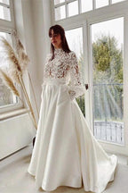 Elegant A-line High Neck Satin Lace Long Sleeves Wedding Dress with Pockets by BIZTUNNEL