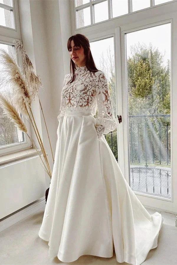 Elegant A-line High Neck Satin Lace Long Sleeves Wedding Dress with Pockets by BIZTUNNEL