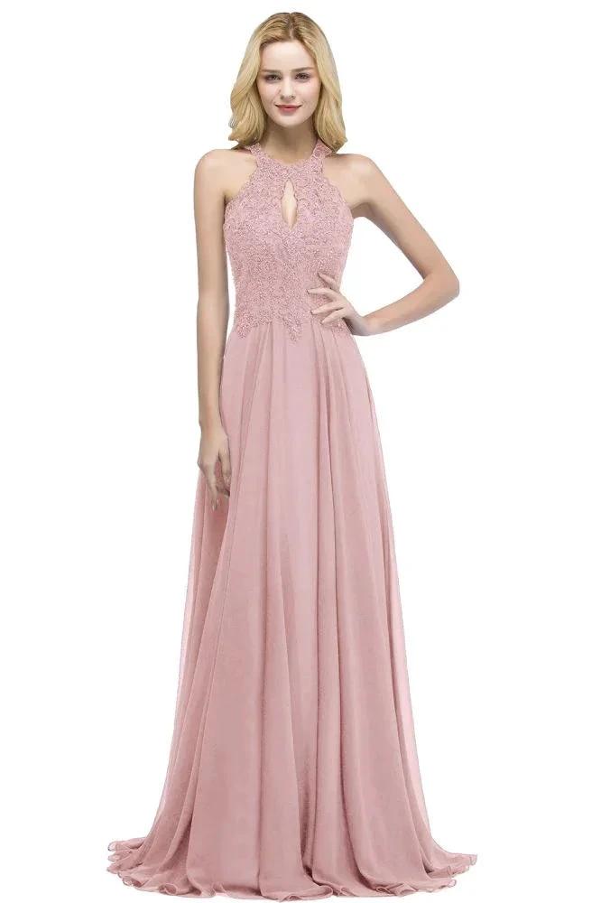 Elegant A-line Keyhole Neckline Halter Long Beading Prom Dresses by misshow.com