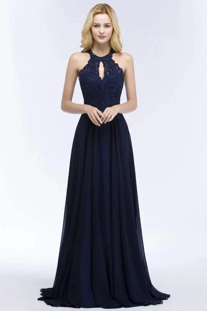 Elegant A-line Keyhole Neckline Halter Long Beading Prom Dresses by misshow.com