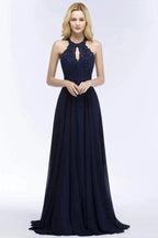 Elegant A-line Keyhole Neckline Halter Long Beading Prom Dresses by misshow.com