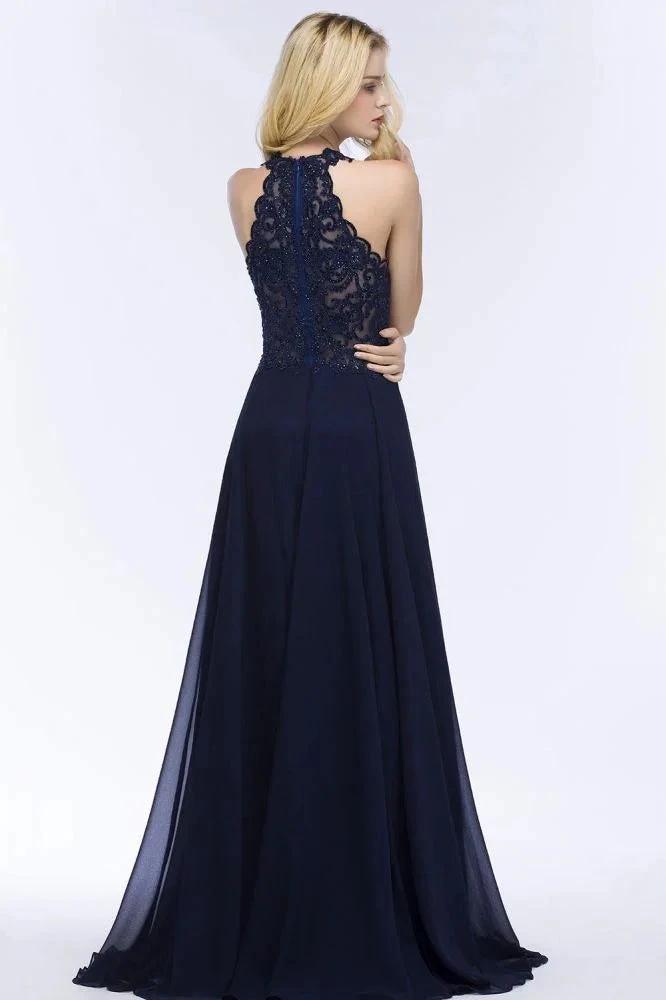 Elegant A-line Keyhole Neckline Halter Long Beading Prom Dresses by misshow.com