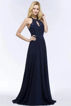Elegant A-line Keyhole Neckline Halter Long Beading Prom Dresses by misshow.com