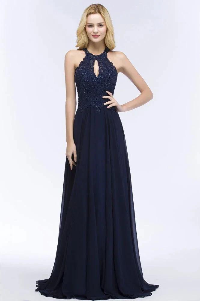 Elegant A-line Keyhole Neckline Halter Long Beading Prom Dresses by misshow.com