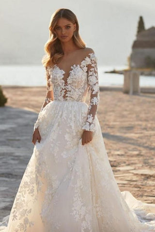 Elegantes vestidos de novia de corte A con apliques de encaje y mangas