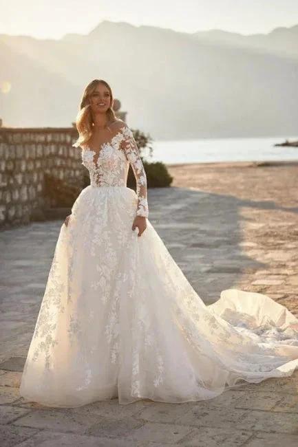 Elegant A-line Lace Appliques Wedding Dresses With Sleeves by misshow.com