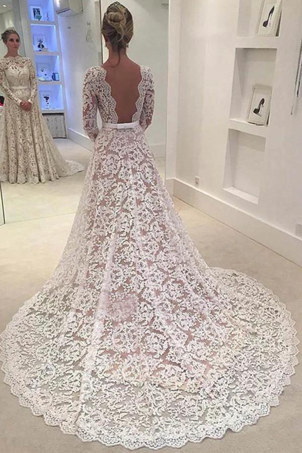 Elegant A-line Lace Backless Wedding Dress With Court Train WD052 by pgmdress