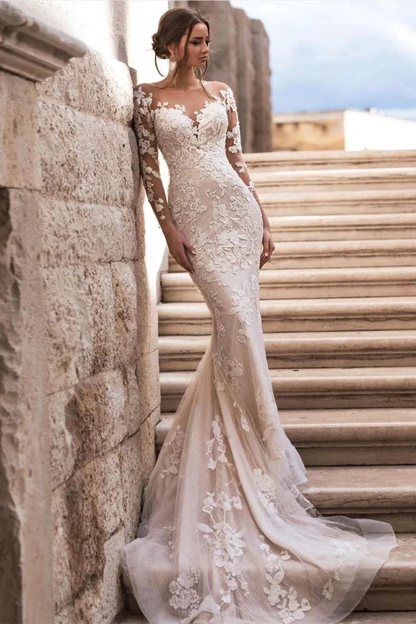 Elegant A-Line Lace Long Sleeves Wedding Dress With Detachable Train by misshow.com