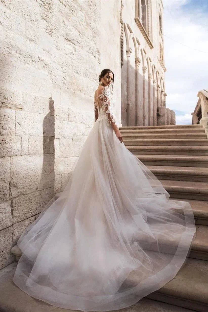 Elegant A-Line Lace Long Sleeves Wedding Dress With Detachable Train by misshow.com