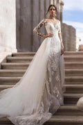 Elegant A-Line Lace Long Sleeves Wedding Dress With Detachable Train by misshow.com