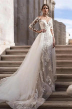 Elegant A-Line Lace Long Sleeves Wedding Dress With Detachable Train by misshow.com