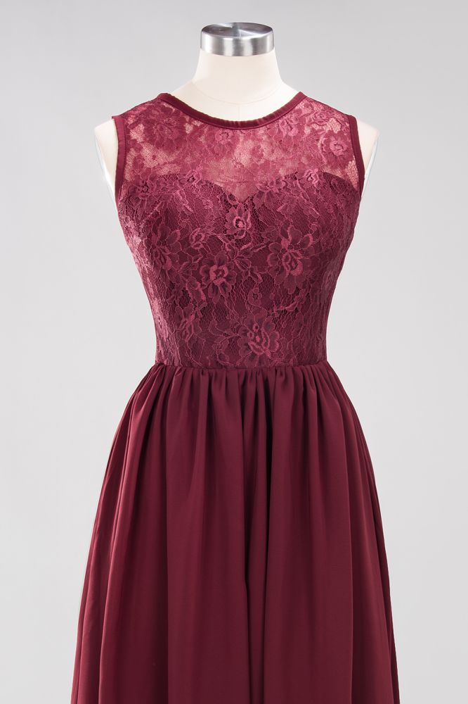 Elegant A-line Lace Sleeveless Bridesmaid Dresses Chiffon Jewel Ruffles Floor-Length Evening Dress with Appliques