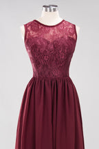 Elegant A-line Lace Sleeveless Bridesmaid Dresses Chiffon Jewel Ruffles Floor-Length Evening Dress with Appliques