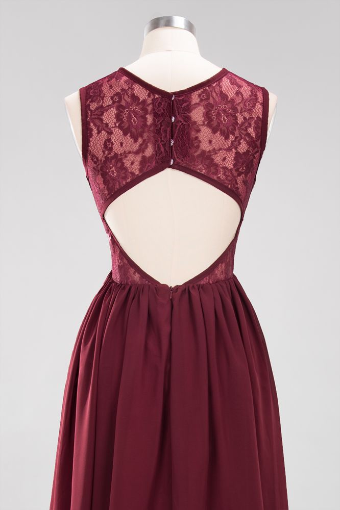 Elegant A-line Lace Sleeveless Bridesmaid Dresses Chiffon Jewel Ruffles Floor-Length Evening Dress with Appliques