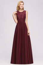 Elegant A-line Lace Sleeveless Bridesmaid Dresses Chiffon Jewel Ruffles Floor-Length Evening Dress with Appliques