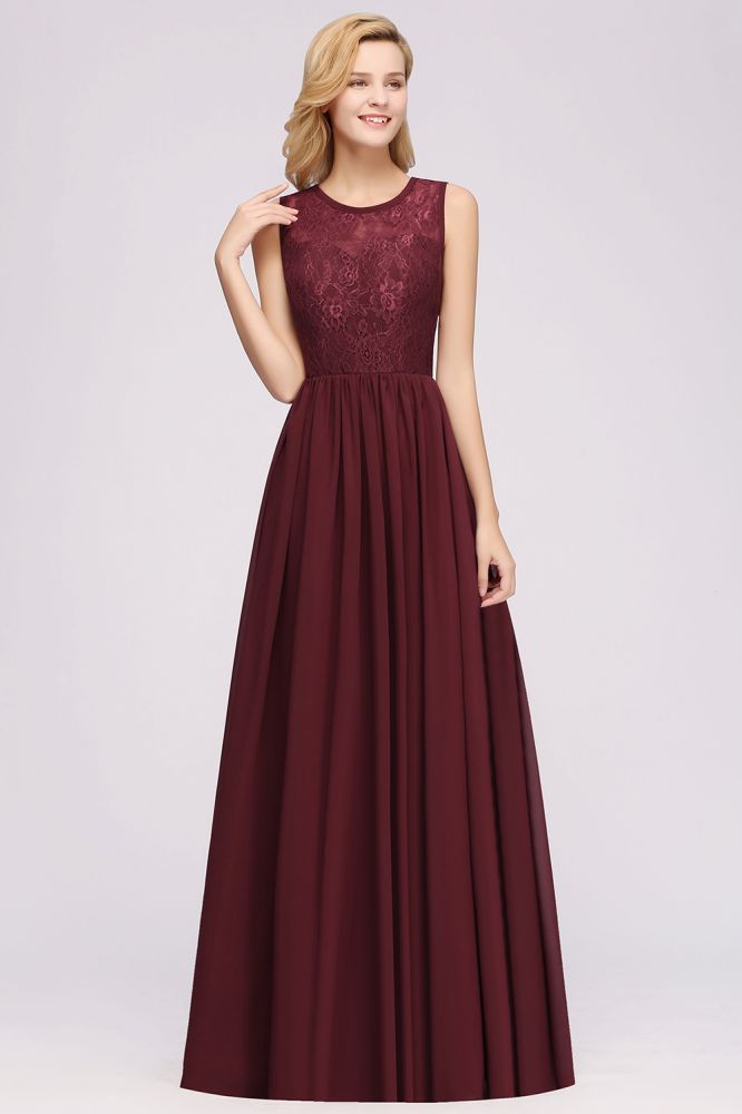 Elegant A-line Lace Sleeveless Bridesmaid Dresses Chiffon Jewel Ruffles Floor-Length Evening Dress with Appliques