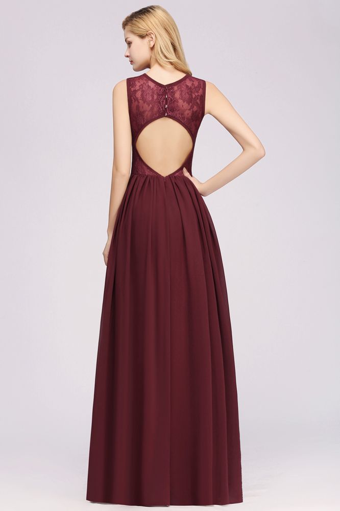 Elegant A-line Lace Sleeveless Bridesmaid Dresses Chiffon Jewel Ruffles Floor-Length Evening Dress with Appliques