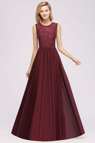 Elegant A-line Lace Sleeveless Bridesmaid Dresses Chiffon Jewel Ruffles Floor-Length Evening Dress with Appliques