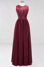 Elegant A-line Lace Sleeveless Bridesmaid Dresses Chiffon Jewel Ruffles Floor-Length Evening Dress with Appliques