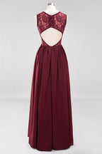 Elegant A-line Lace Sleeveless Bridesmaid Dresses Chiffon Jewel Ruffles Floor-Length Evening Dress with Appliques