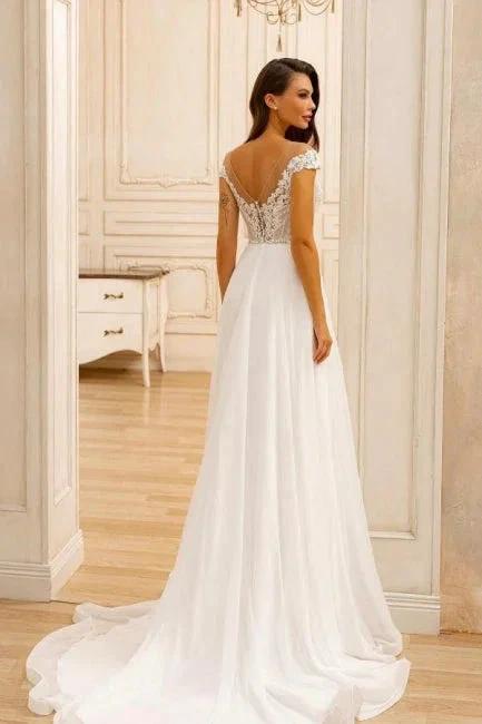 Elegant A-Line Lace Sweetheart Sleeveless White Wedding Dresses With Appliques Ruffles by misshow.com