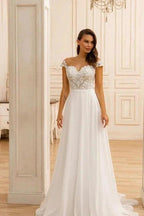Elegant A-Line Lace Sweetheart Sleeveless White Wedding Dresses With Appliques Ruffles by misshow.com