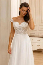 Elegant A-Line Lace Sweetheart Sleeveless White Wedding Dresses With Appliques Ruffles by misshow.com