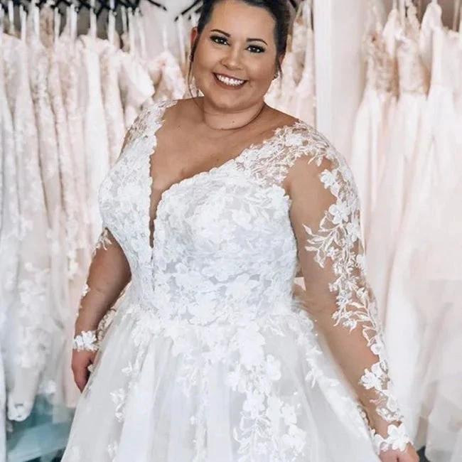 Elegant A-line Lace V-neck Plus Size wedding dresses with Long sleeves by misshow.com