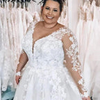 Elegant A-line Lace V-neck Plus Size wedding dresses with Long sleeves by misshow.com