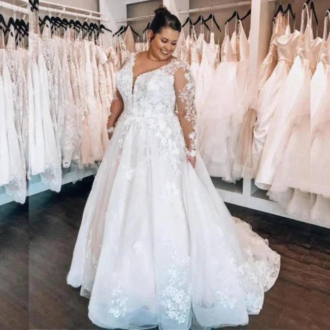 Elegant A-line Lace V-neck Plus Size wedding dresses with Long sleeves by misshow.com