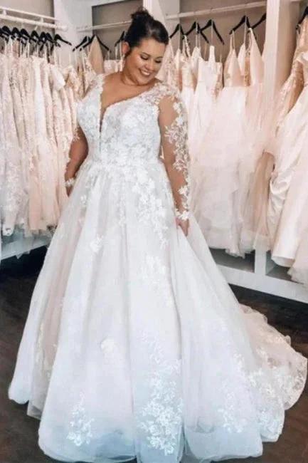 Elegant A-line Lace V-neck Plus Size wedding dresses with Long sleeves by misshow.com